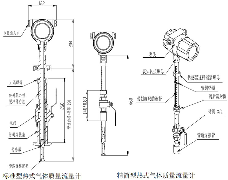 甲烷熱式氣體質量流量計插入式結構尺寸圖