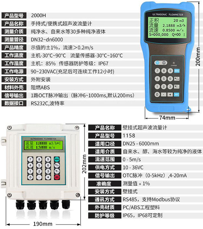 手持式超聲波流量計技術參數對照表